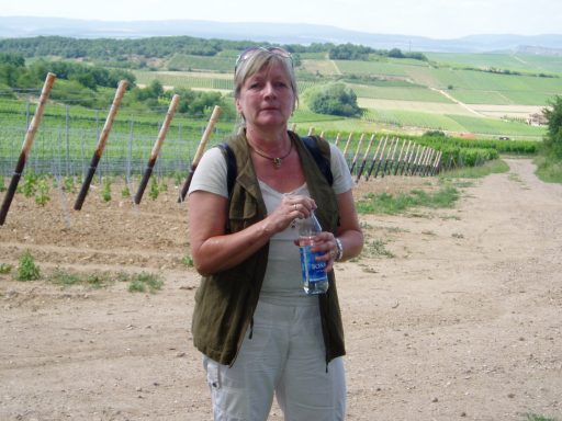 Frau mit Wasserflasche steht in einem Weinberg mit Hügeln im Hintergrund.